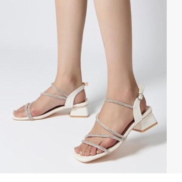 White Rhinestone Sparkly 2 Inch Chunky Heel Sandals Square Toe - Picture 4 of 8